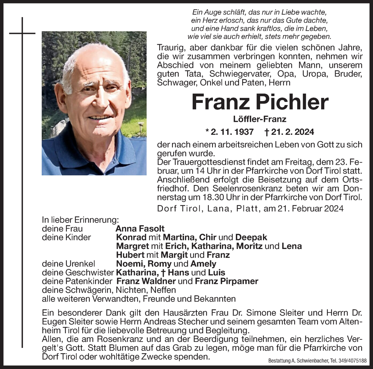  Traueranzeige für Franz Pichler vom 22.02.2024 aus Dolomiten