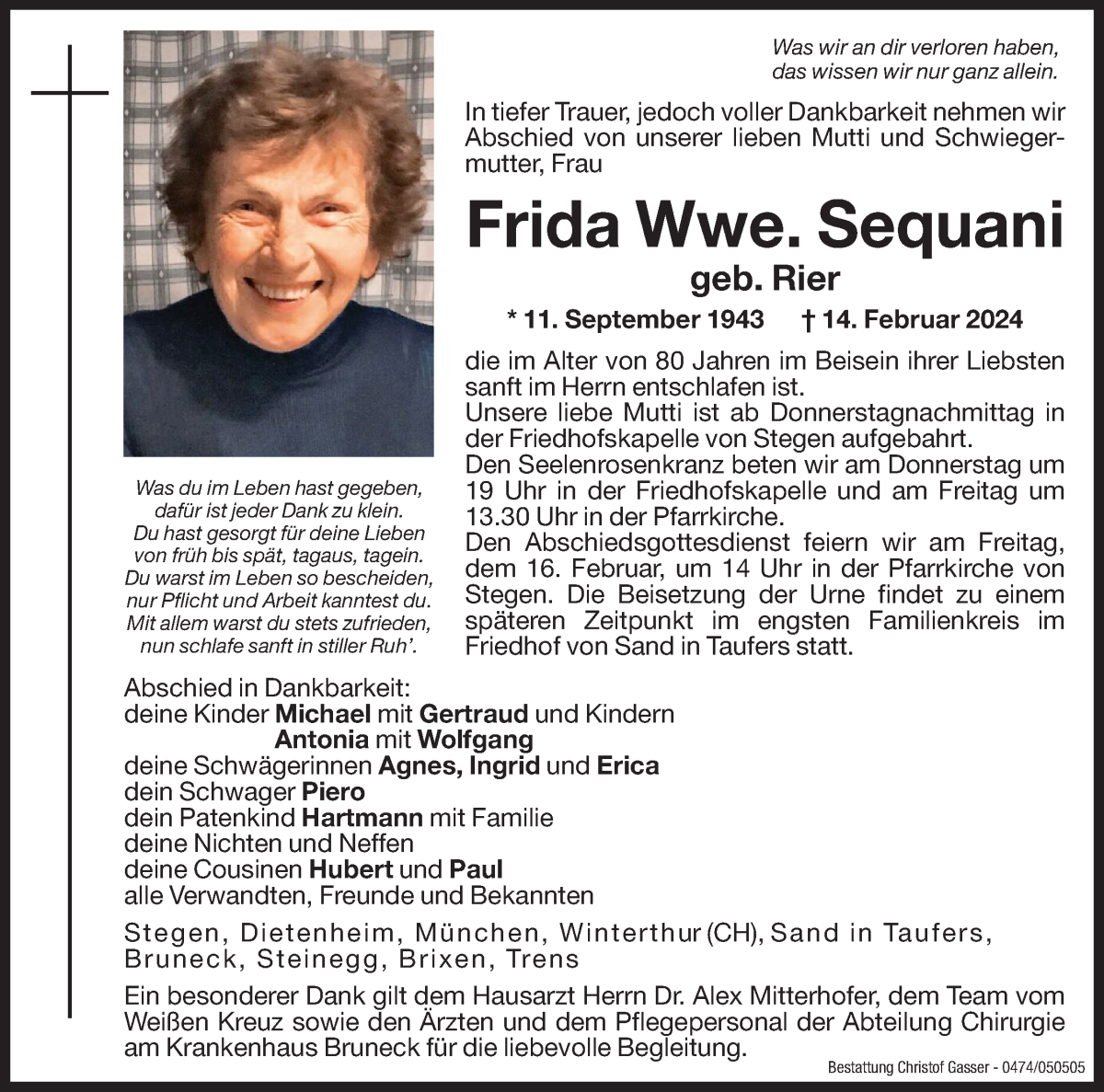  Traueranzeige für Frida Sequani vom 15.02.2024 aus Dolomiten