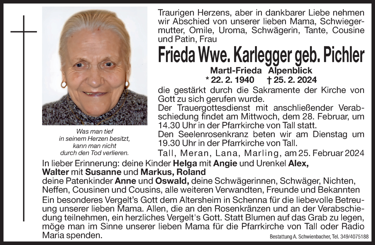  Traueranzeige für Frieda Karlegger vom 27.02.2024 aus Dolomiten