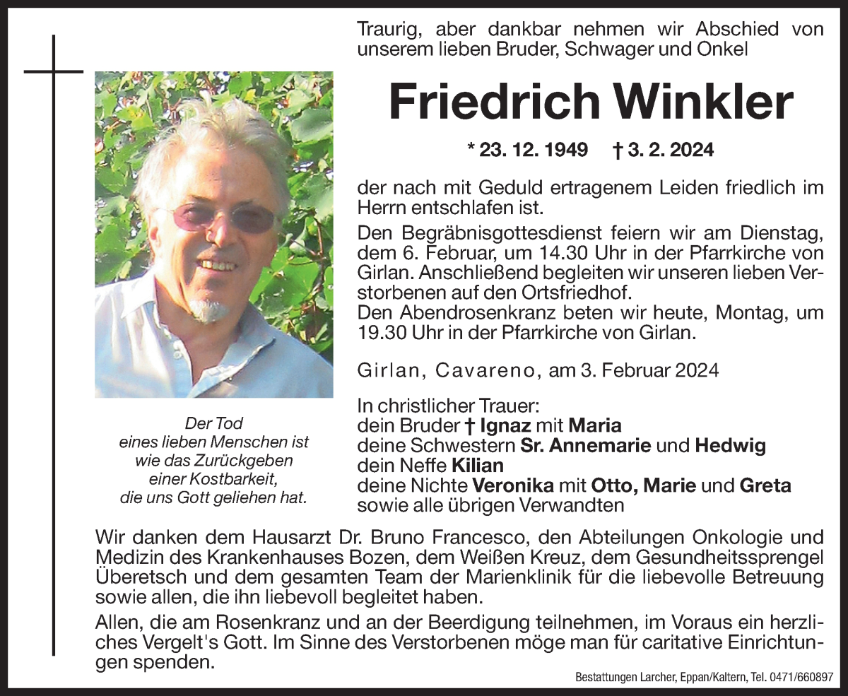  Traueranzeige für Friedrich Winkler vom 05.02.2024 aus Dolomiten