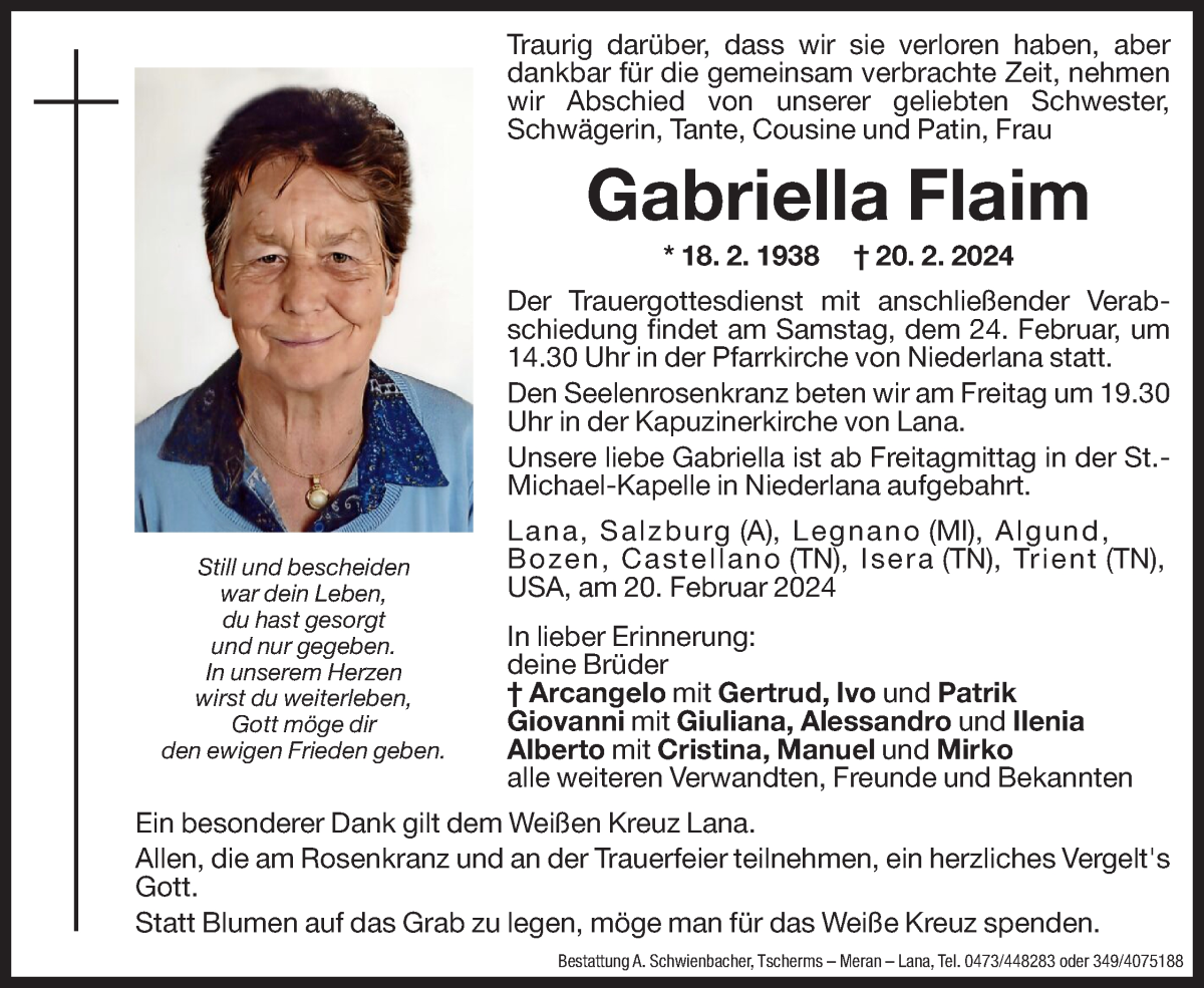  Traueranzeige für Gabriella Flaim vom 22.02.2024 aus Dolomiten