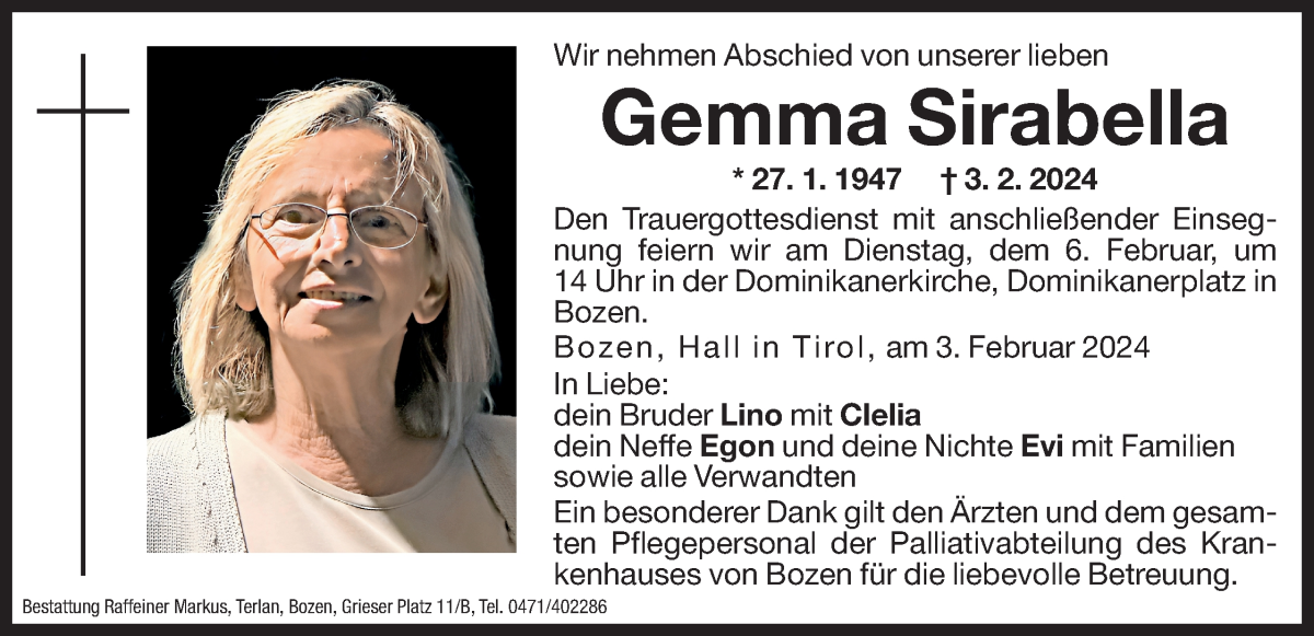  Traueranzeige für Gemma Sirabella vom 05.02.2024 aus Dolomiten