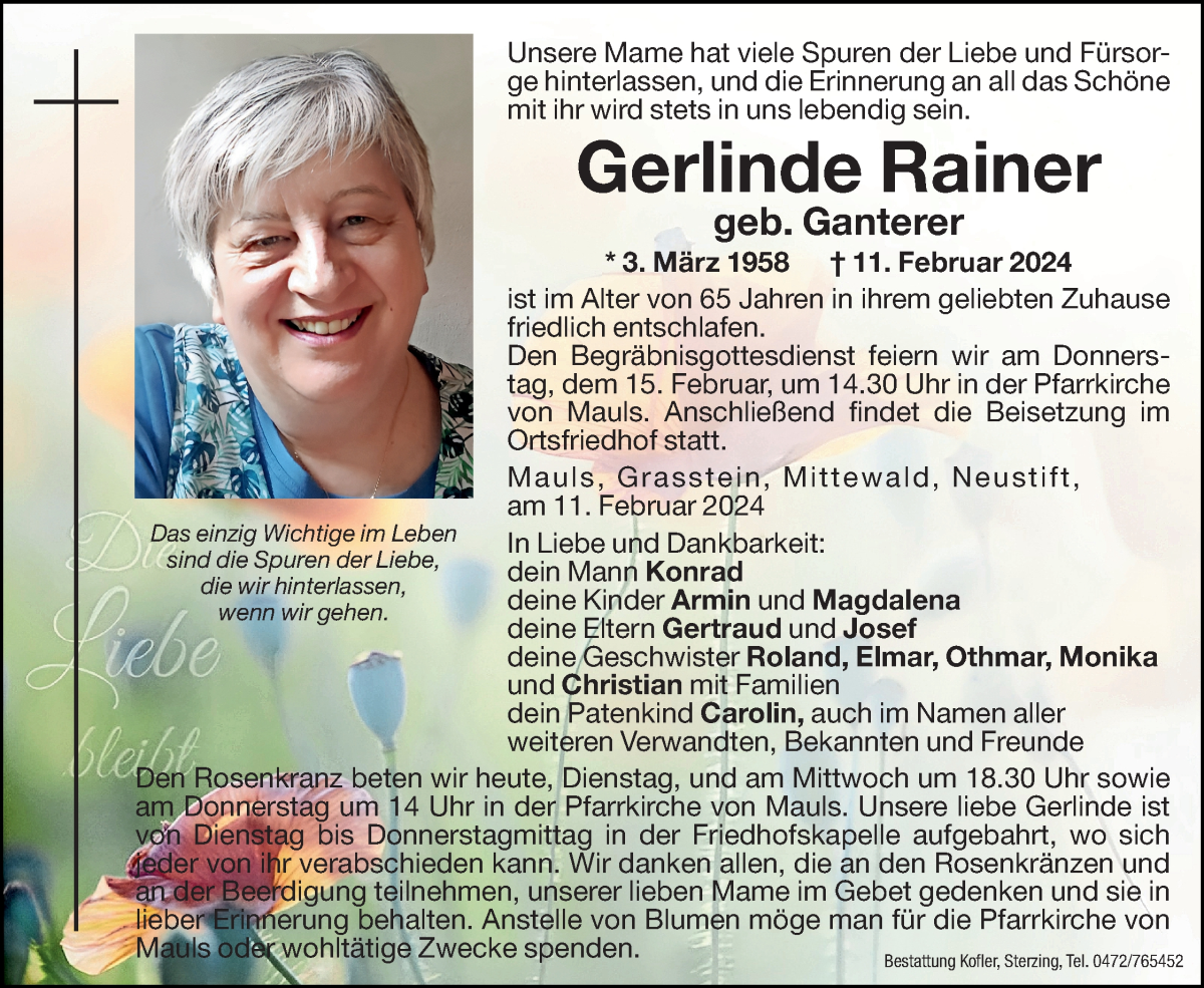  Traueranzeige für Gerlinde Rainer vom 13.02.2024 aus Dolomiten