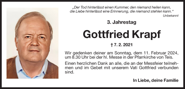 Traueranzeige von Gottfried Krapf von Dolomiten