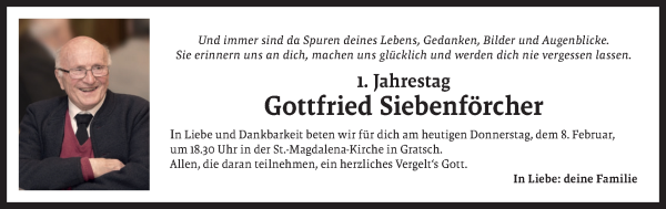 Traueranzeige von Gottfried Siebenförcher von Dolomiten