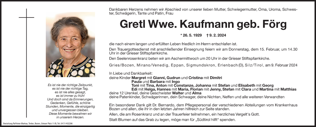  Traueranzeige für Gretl Kaufmann vom 12.02.2024 aus Dolomiten