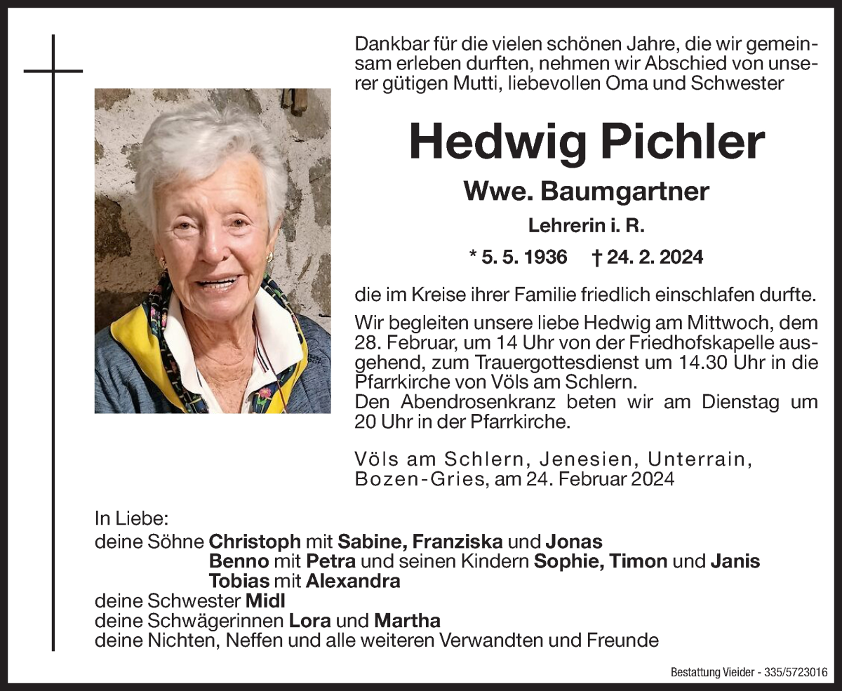  Traueranzeige für Hedwig Baumgartner vom 26.02.2024 aus Dolomiten