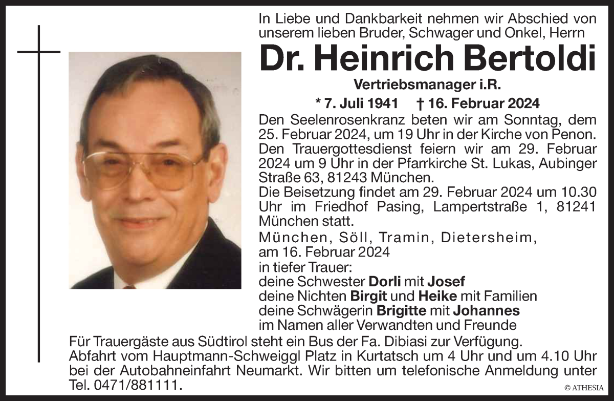  Traueranzeige für Heinrich Bertoldi vom 24.02.2024 aus Dolomiten