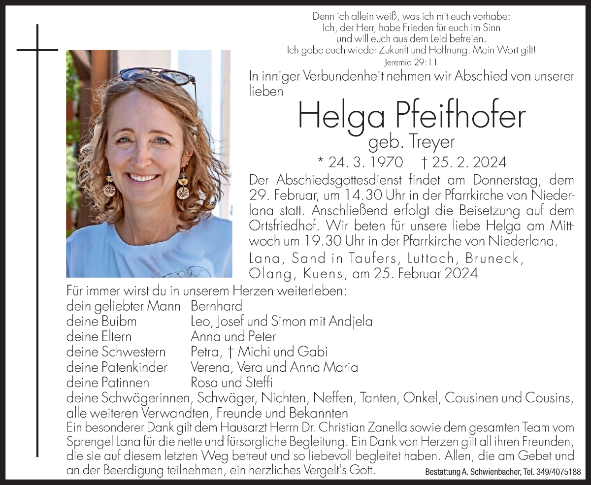  Traueranzeige für Helga Pfeifhofer vom 27.02.2024 aus Dolomiten