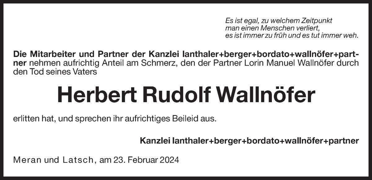  Traueranzeige für Herbert Rudolf Wallnöfer vom 24.02.2024 aus Dolomiten