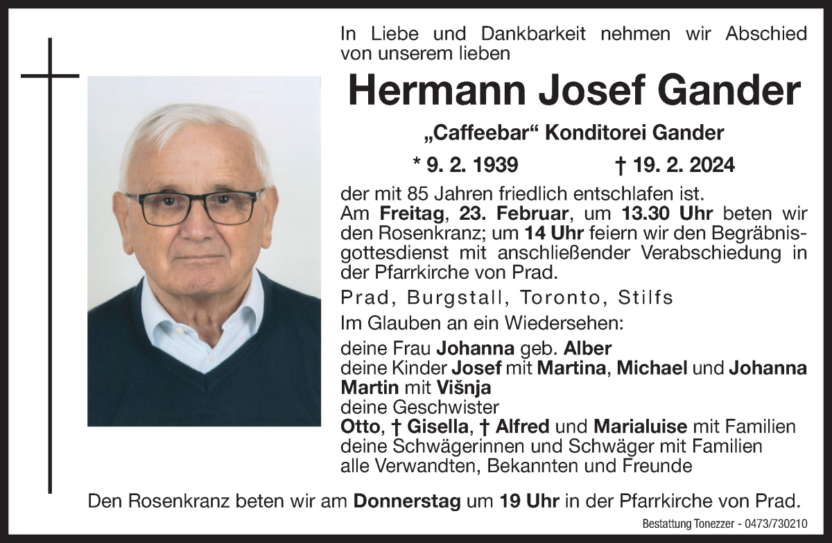  Traueranzeige für Hermann Gander vom 21.02.2024 aus Dolomiten