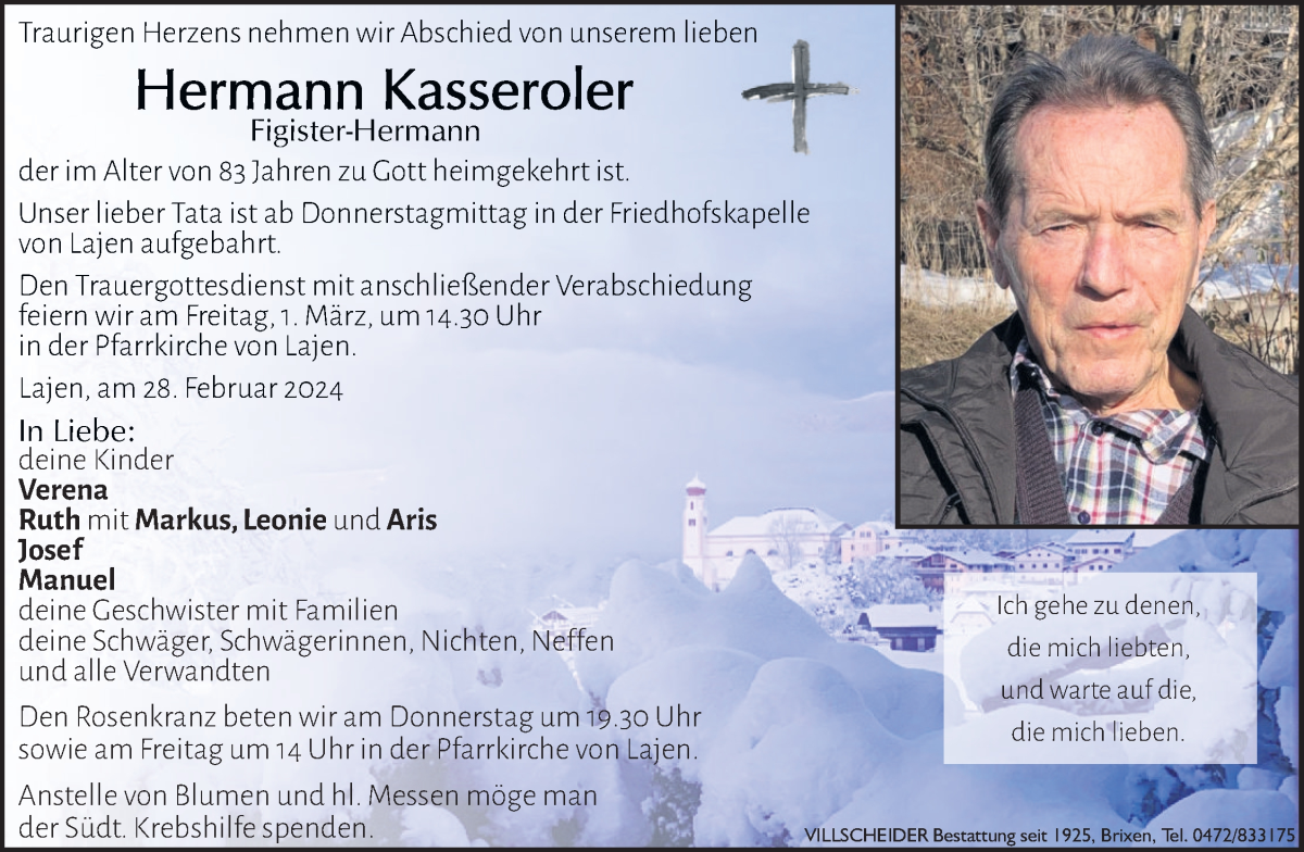  Traueranzeige für Hermann Kasseroler vom 29.02.2024 aus Dolomiten