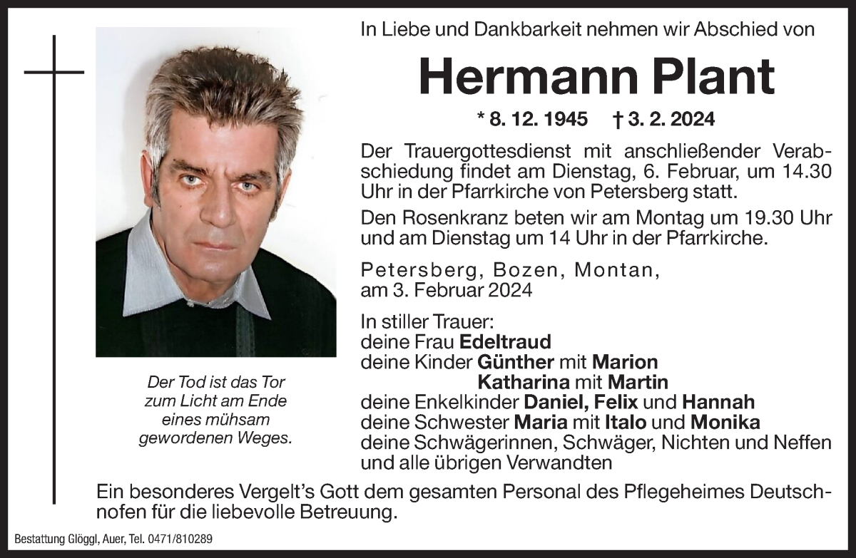  Traueranzeige für Hermann Plant vom 05.02.2024 aus Dolomiten