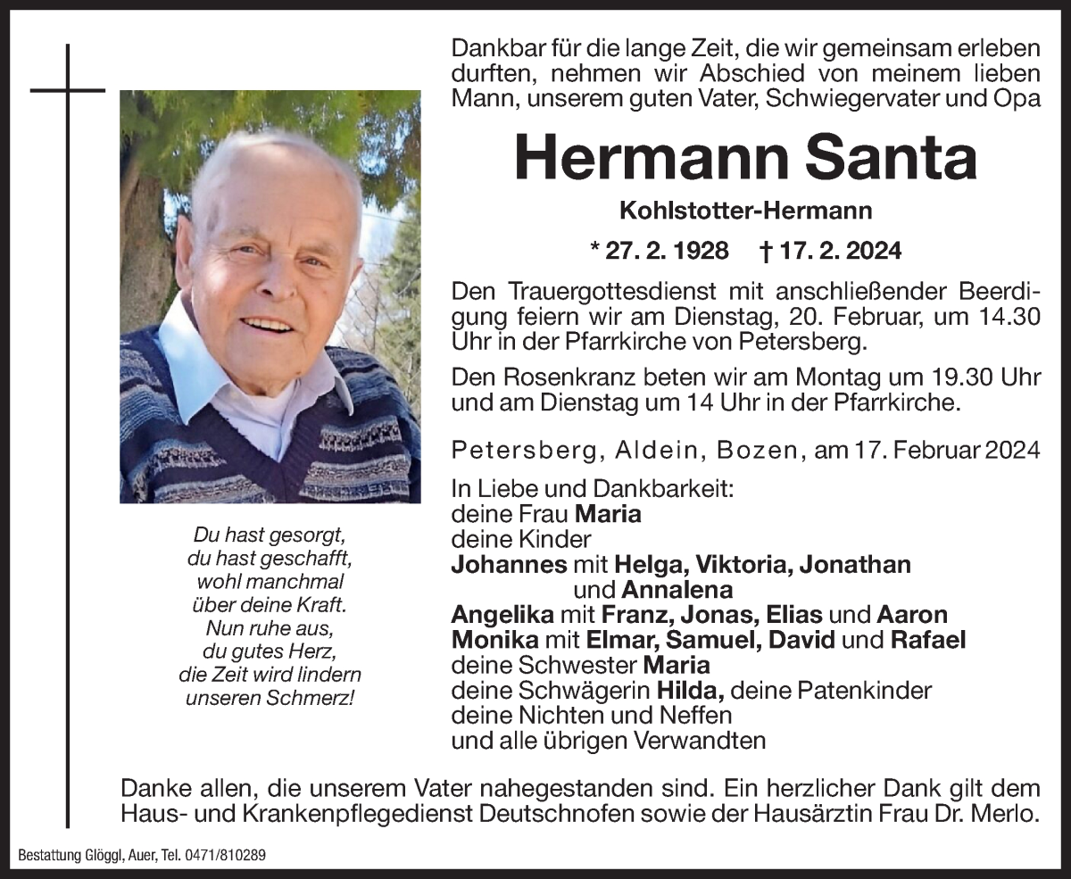  Traueranzeige für Hermann Santa vom 19.02.2024 aus Dolomiten