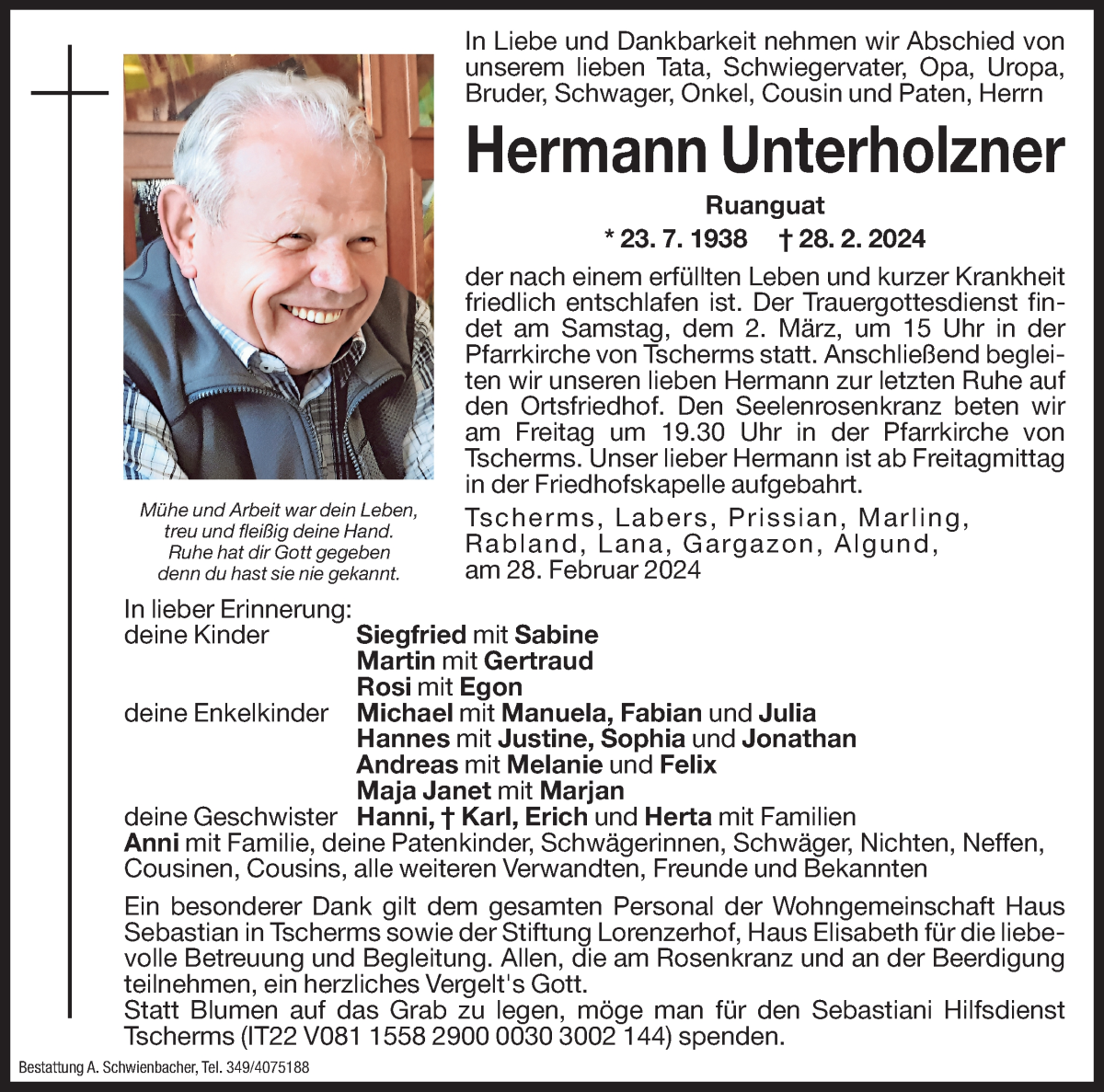  Traueranzeige für Hermann Unterholzner vom 29.02.2024 aus Dolomiten