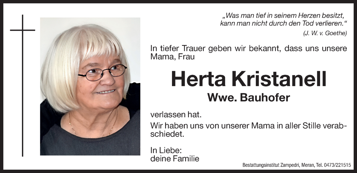  Traueranzeige für Herta Bauhofer vom 16.02.2024 aus Dolomiten