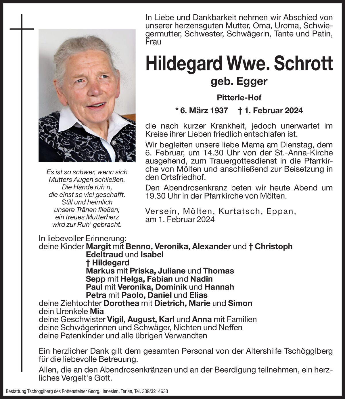  Traueranzeige für Hildegard Schrott vom 06.02.2024 aus Dolomiten