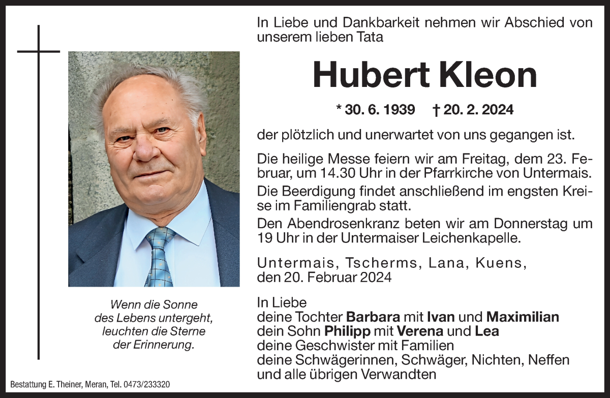  Traueranzeige für Hubert Kleon vom 21.02.2024 aus Dolomiten