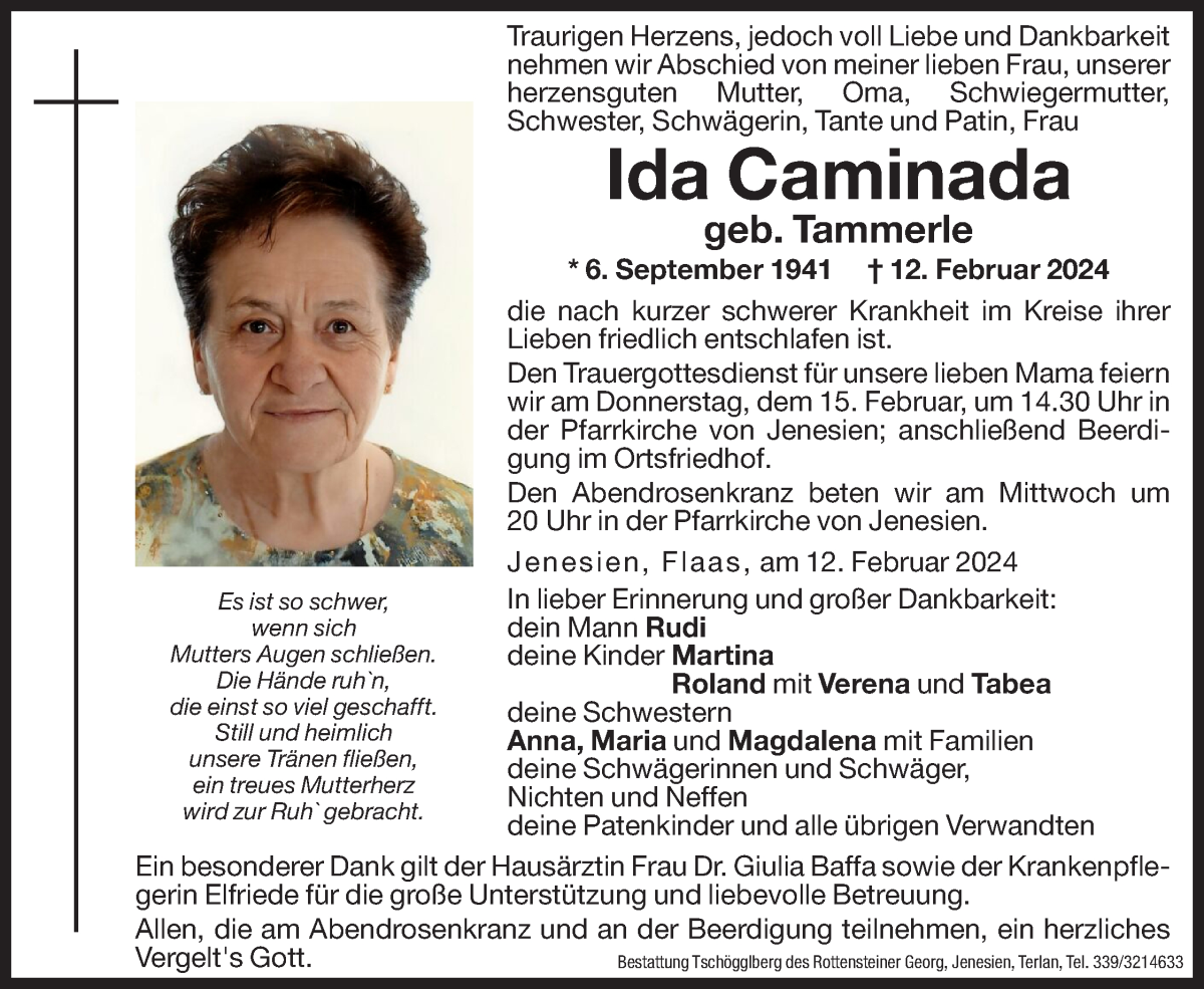  Traueranzeige für Ida Caminada vom 14.02.2024 aus Dolomiten