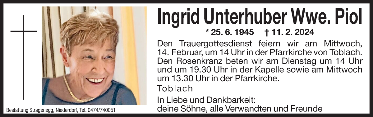  Traueranzeige für Ingrid Piol vom 13.02.2024 aus Dolomiten