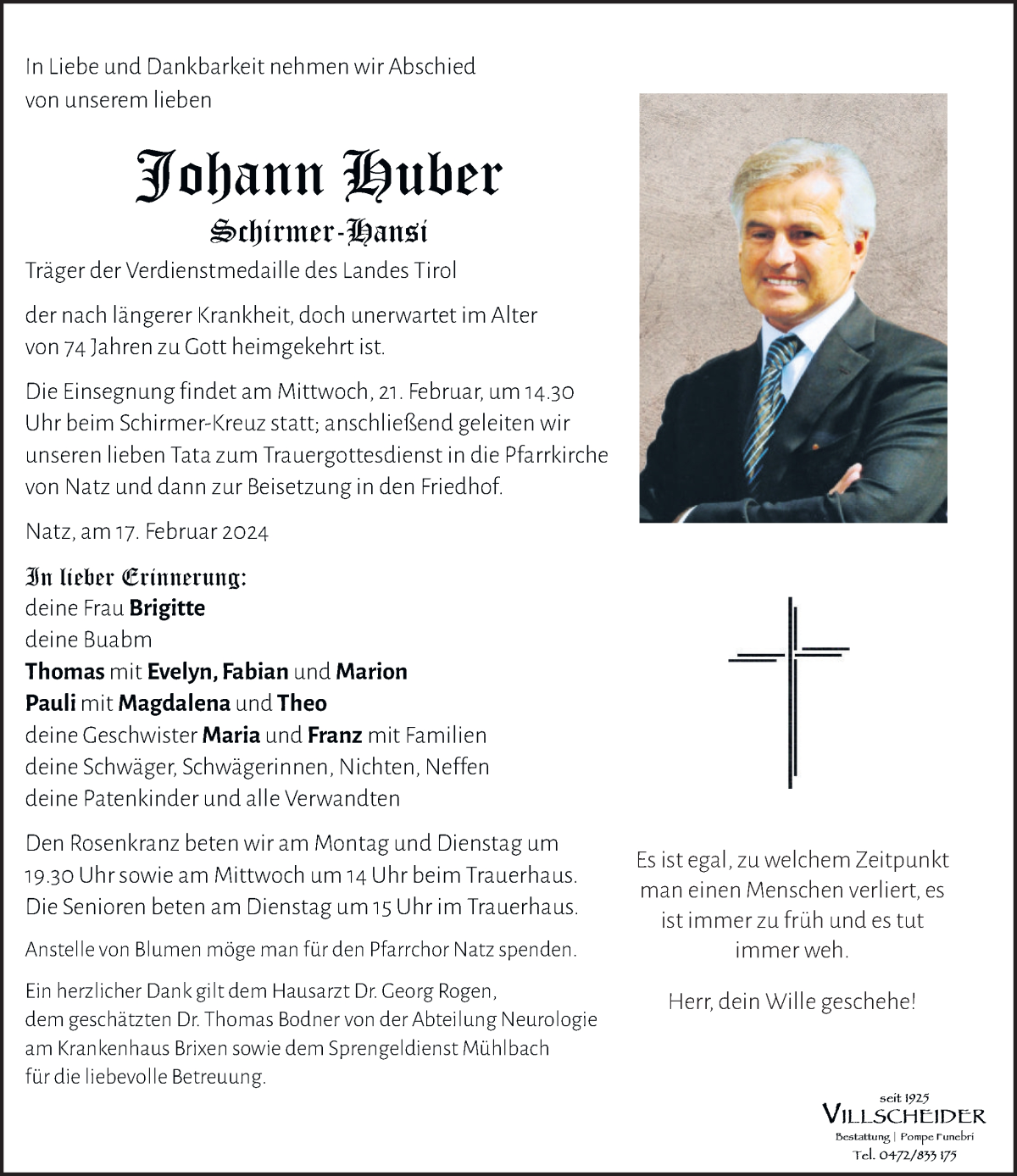  Traueranzeige für Johann Huber vom 19.02.2024 aus Dolomiten