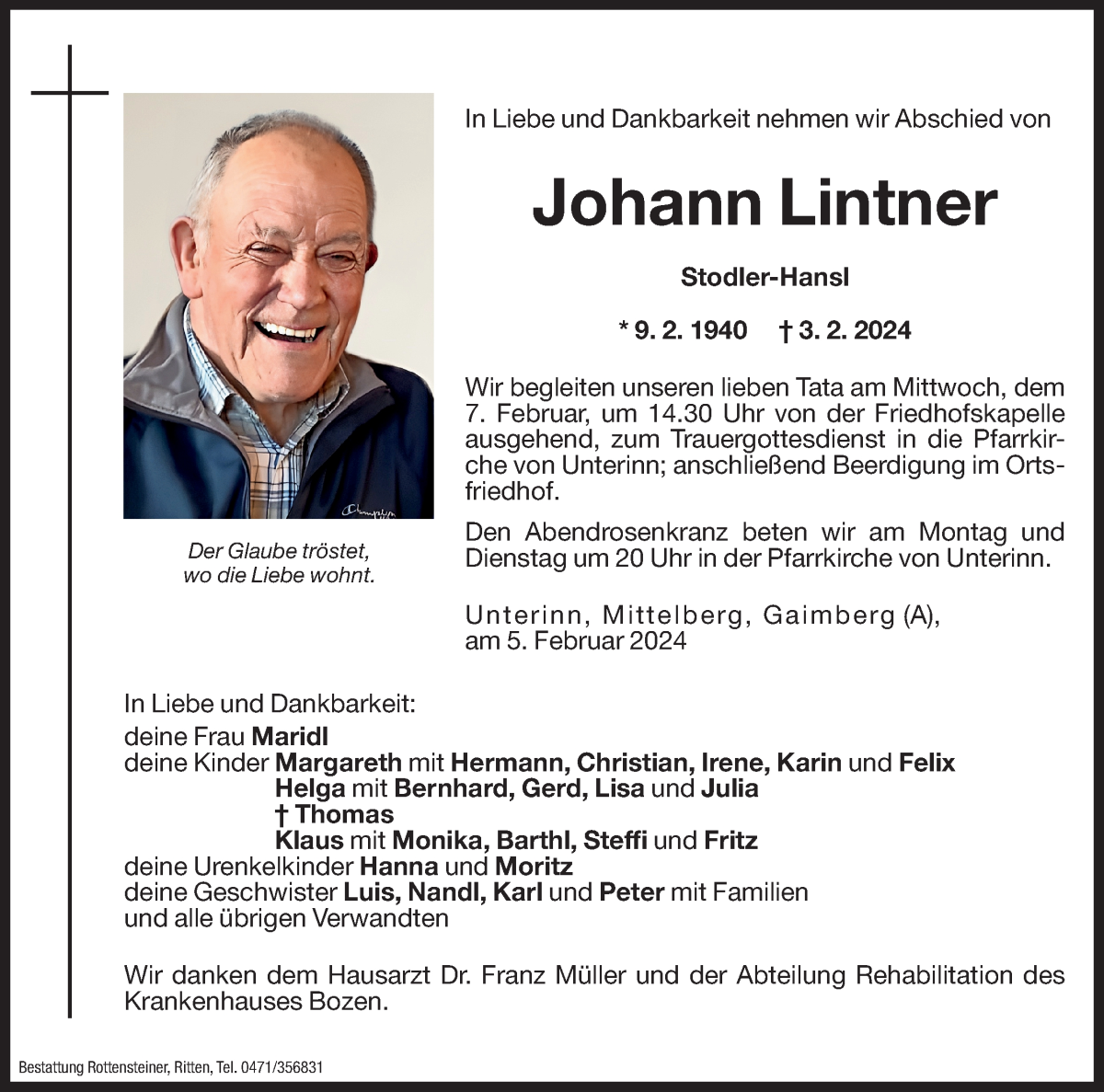  Traueranzeige für Johann Lintner vom 05.02.2024 aus Dolomiten