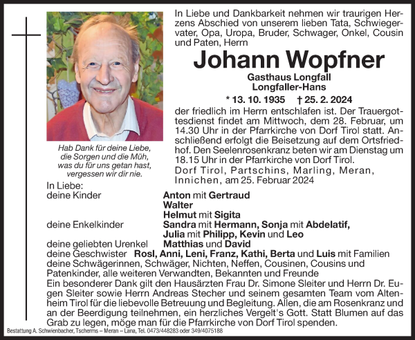 Traueranzeige von Johann Wopfner von Dolomiten