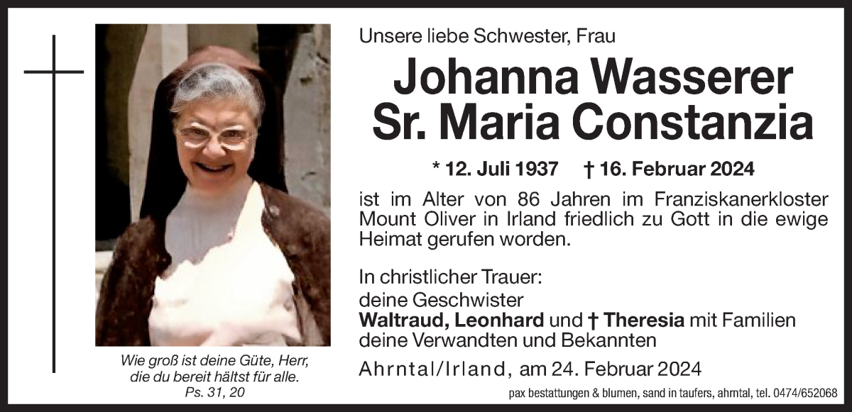  Traueranzeige für Johanna Wasserer vom 24.02.2024 aus Dolomiten