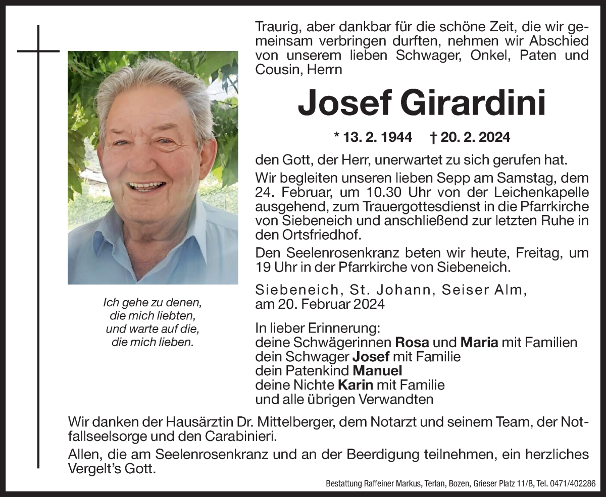  Traueranzeige für Josef Girardini vom 23.02.2024 aus Dolomiten