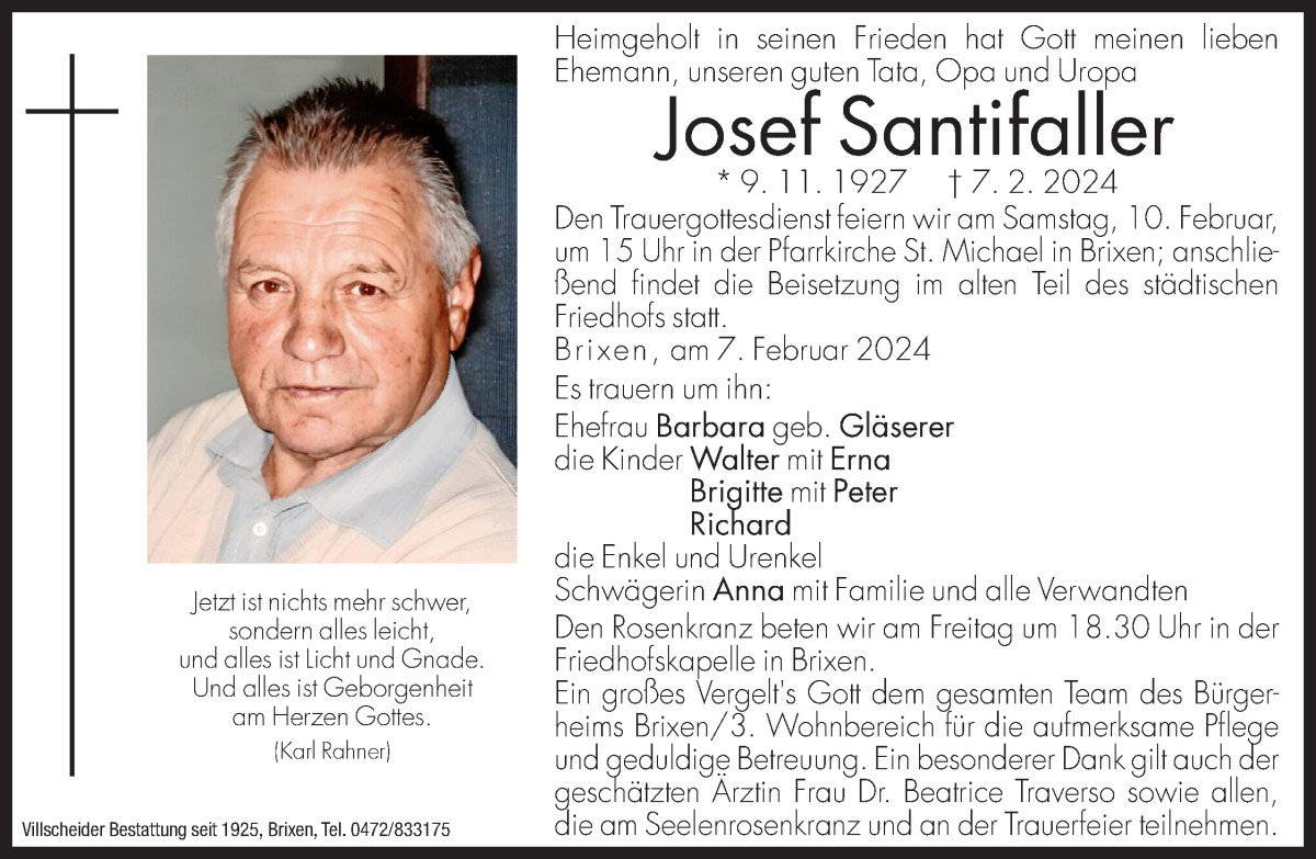  Traueranzeige für Josef Santifaller vom 09.02.2024 aus Dolomiten