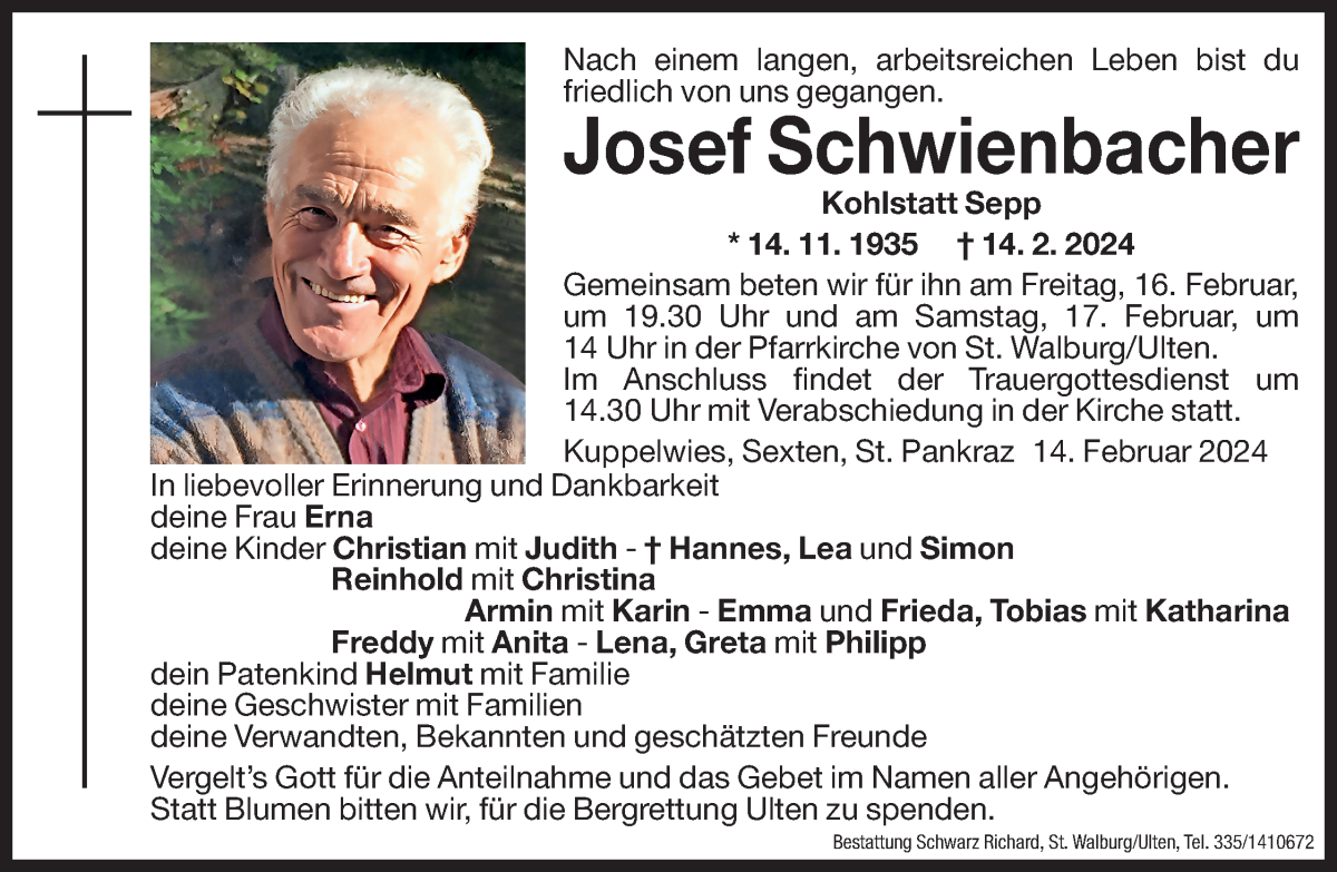 Traueranzeige für Josef Schwienbacher vom 16.02.2024 aus Dolomiten