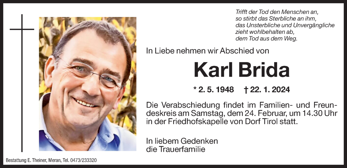  Traueranzeige für Karl Brida vom 23.02.2024 aus Dolomiten