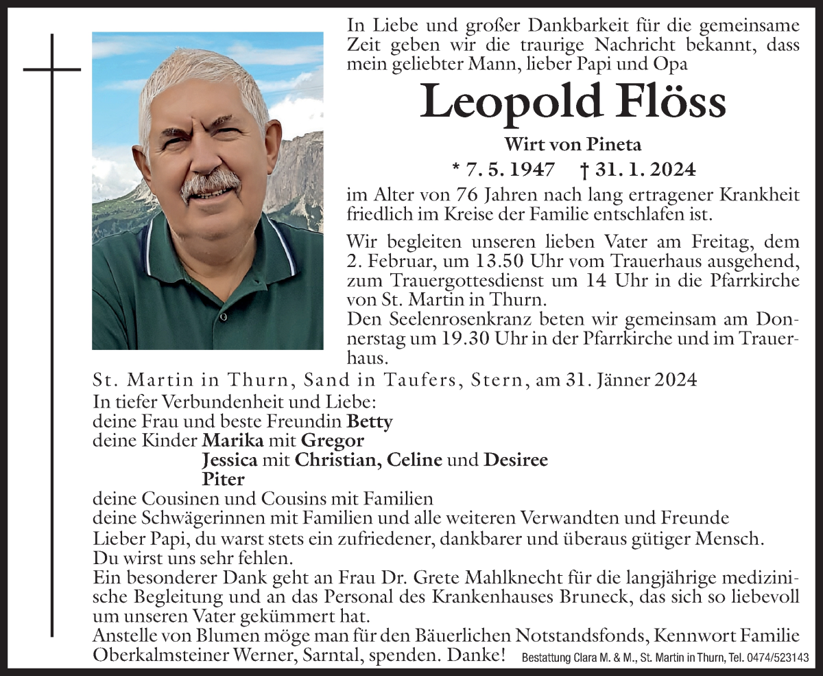  Traueranzeige für Leopold Flöss vom 01.02.2024 aus Dolomiten