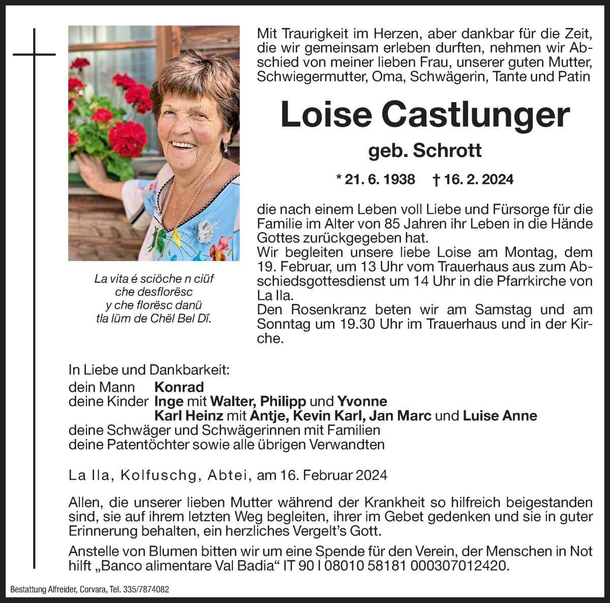 Traueranzeige für Loise Castlunger vom 17.02.2024 aus Dolomiten