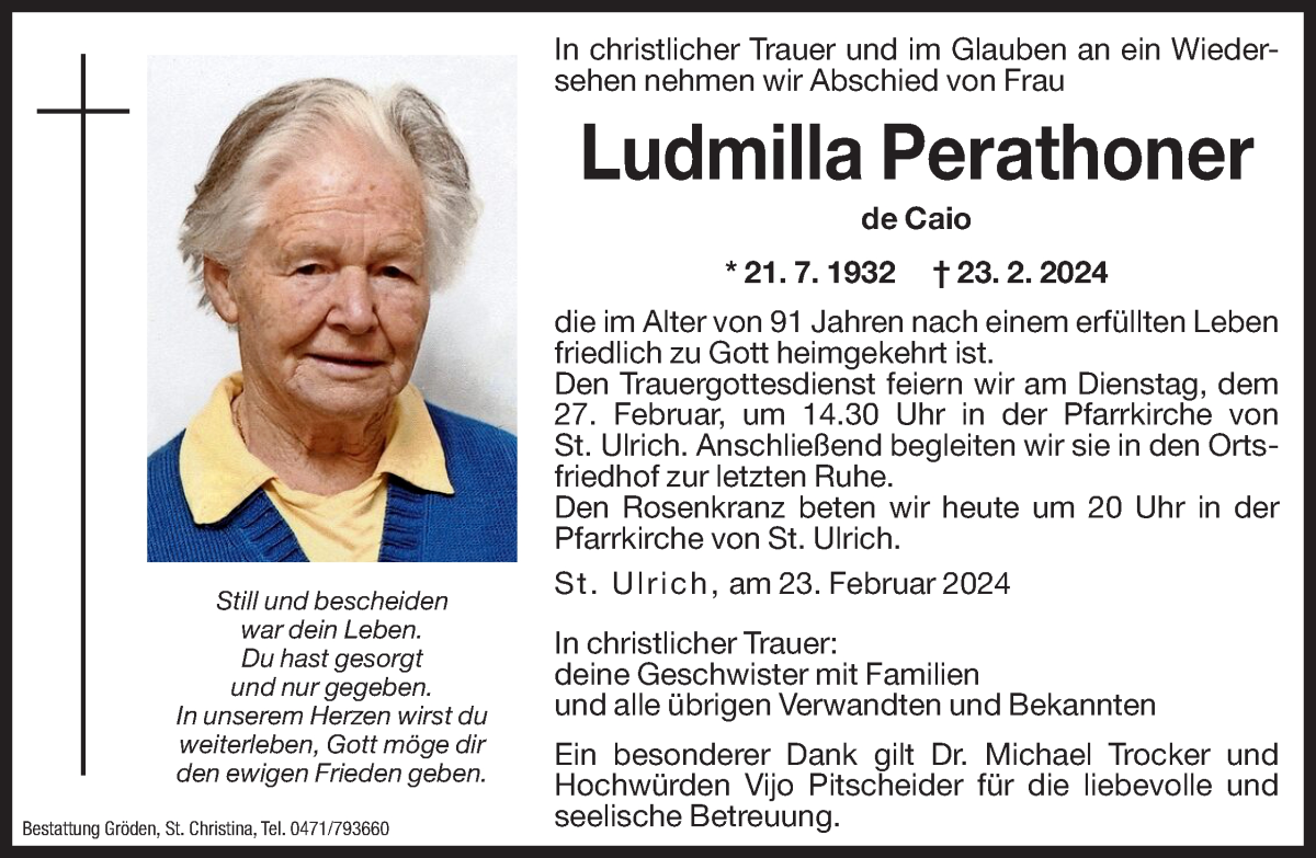  Traueranzeige für Ludmilla Perathoner vom 26.02.2024 aus Dolomiten