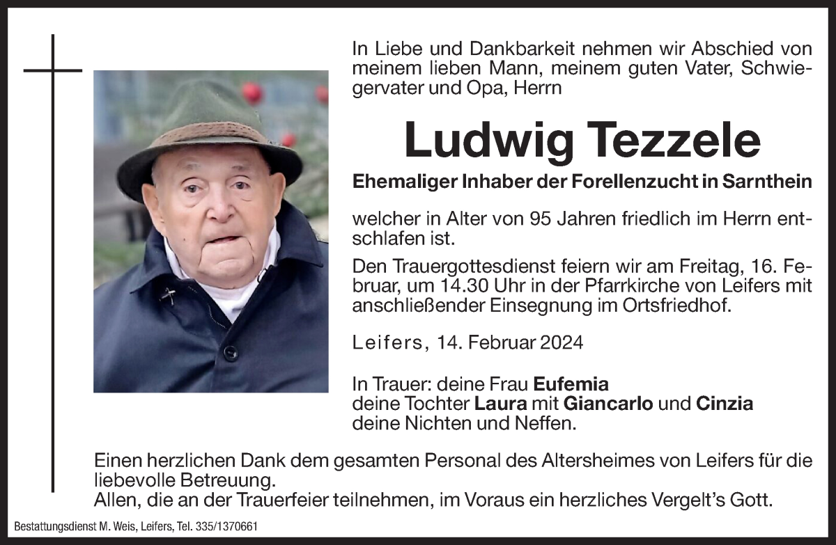  Traueranzeige für Ludwig Tezzele vom 15.02.2024 aus Dolomiten