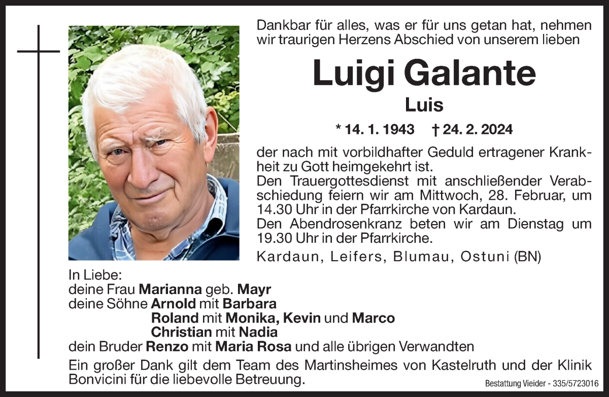  Traueranzeige für Luigi Galante vom 26.02.2024 aus Dolomiten