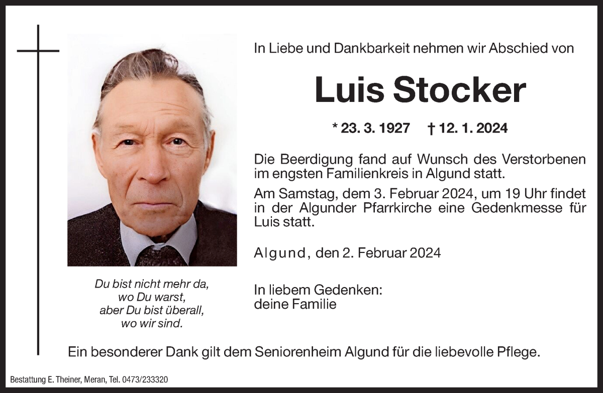  Traueranzeige für Luis Stocker vom 02.02.2024 aus Dolomiten