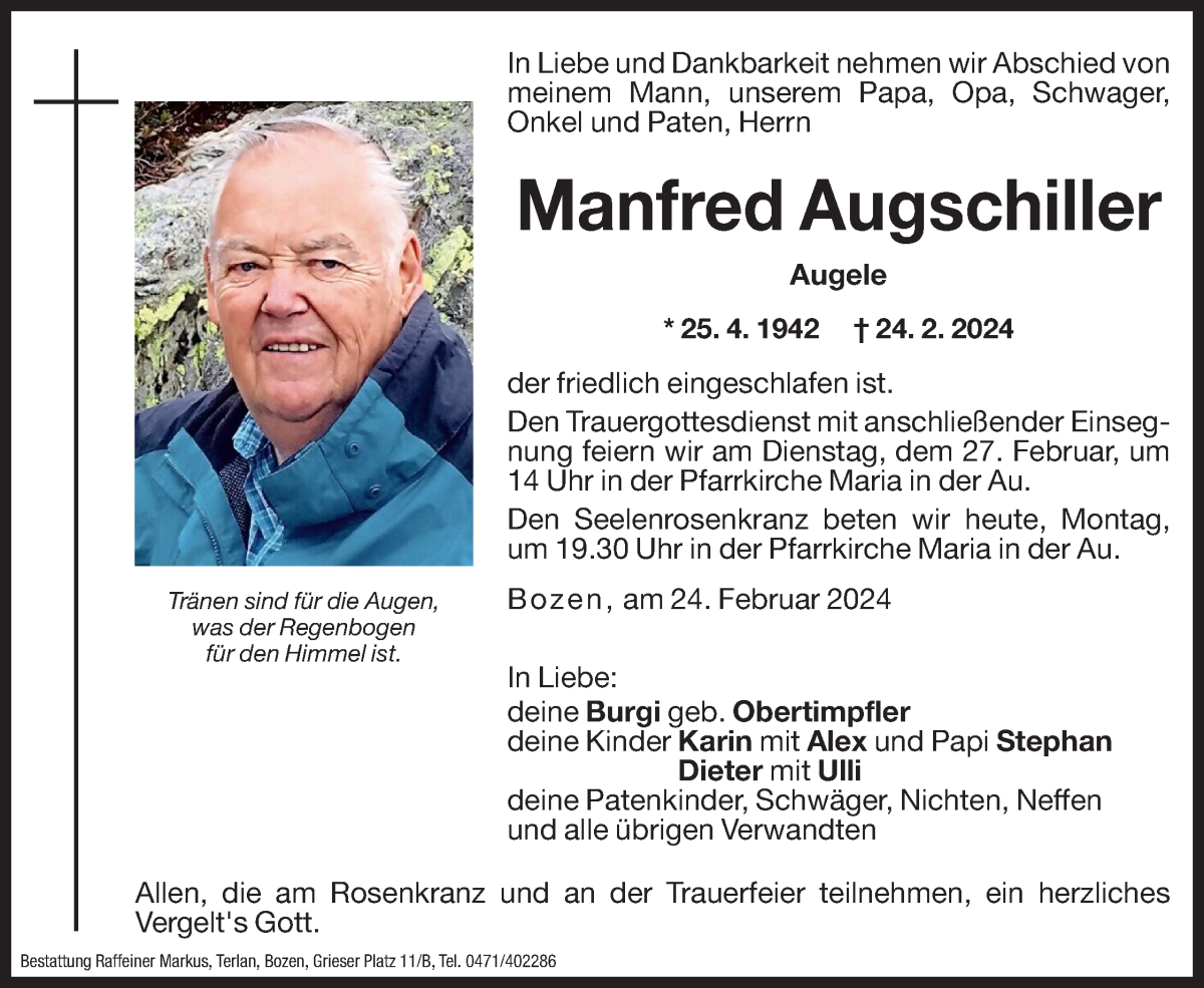  Traueranzeige für Manfred Augschiller vom 26.02.2024 aus Dolomiten