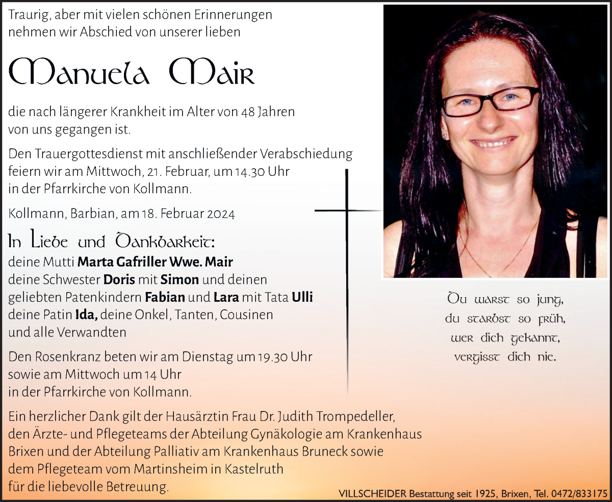  Traueranzeige für Manuela Mair vom 20.02.2024 aus Dolomiten