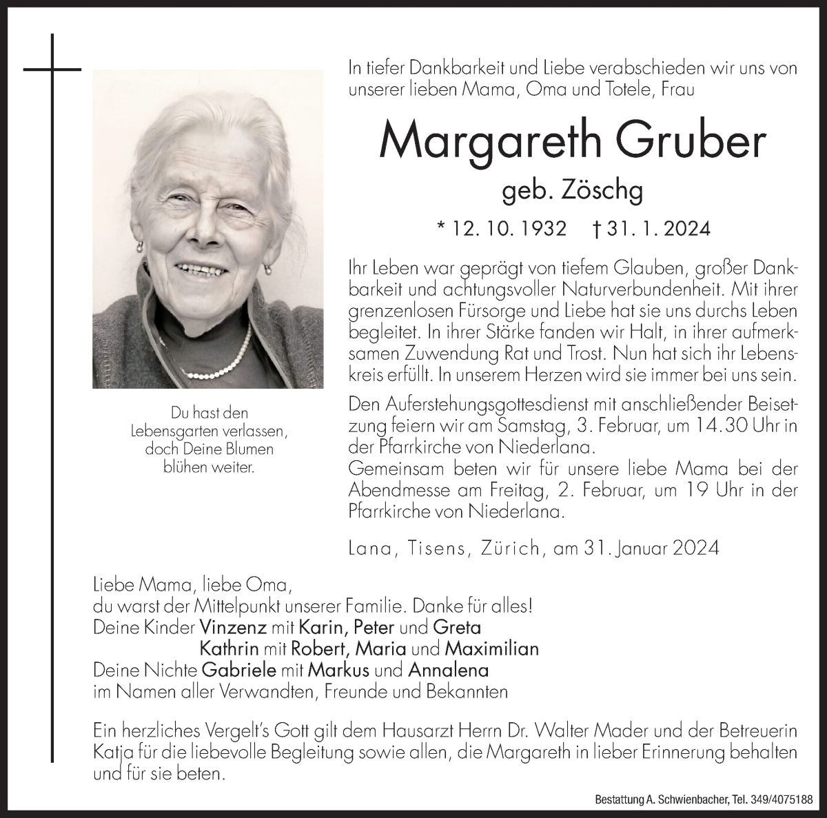  Traueranzeige für Margareth Gruber vom 02.02.2024 aus Dolomiten