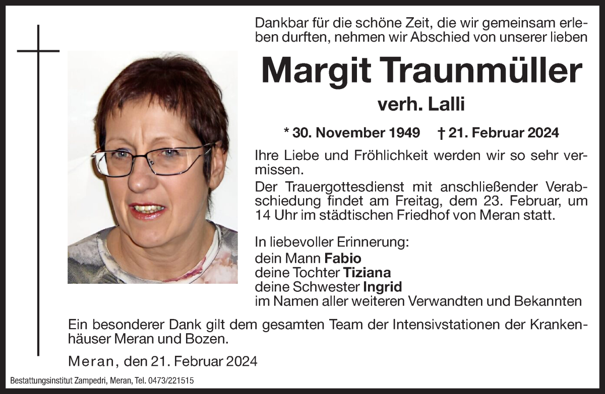  Traueranzeige für Margit Lalli vom 22.02.2024 aus Dolomiten