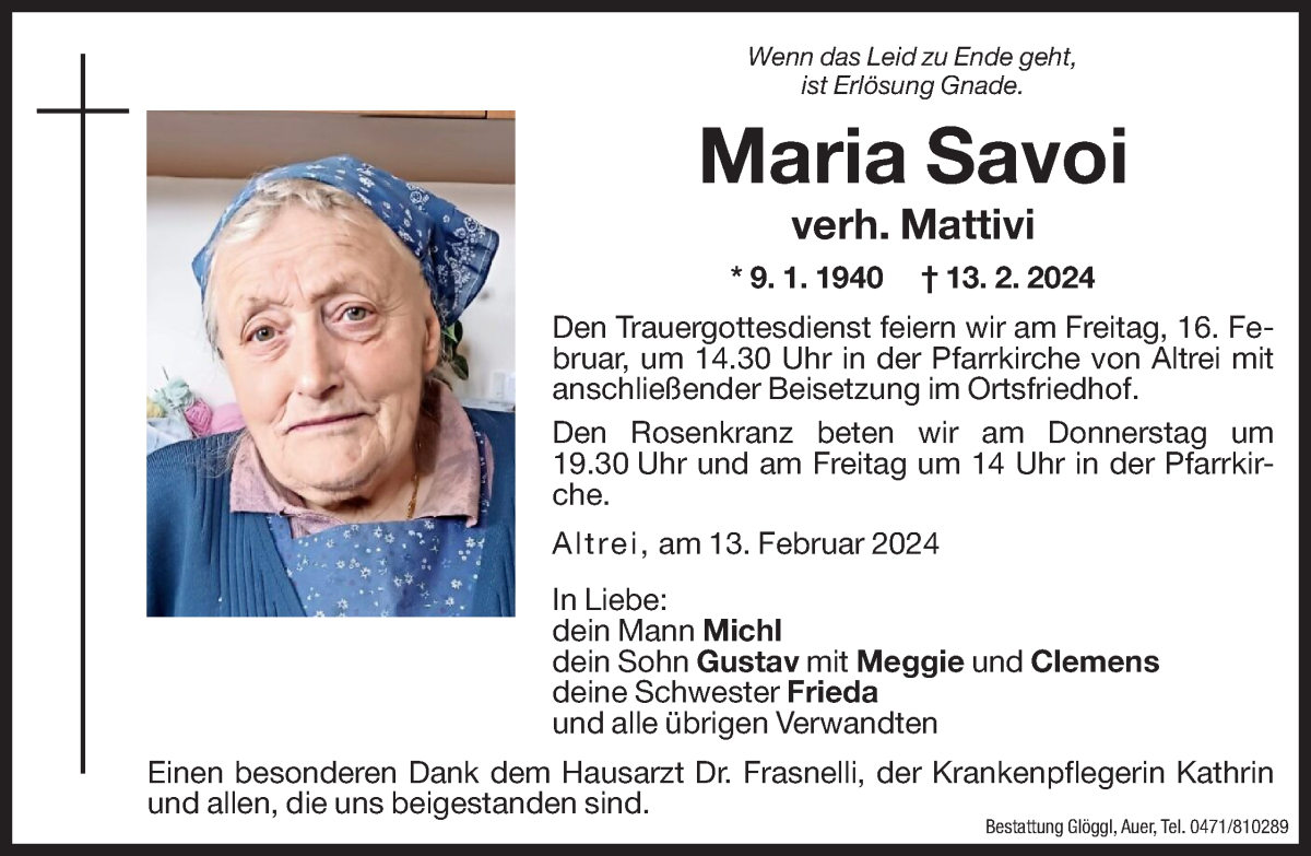  Traueranzeige für Maria Mattivi vom 15.02.2024 aus Dolomiten