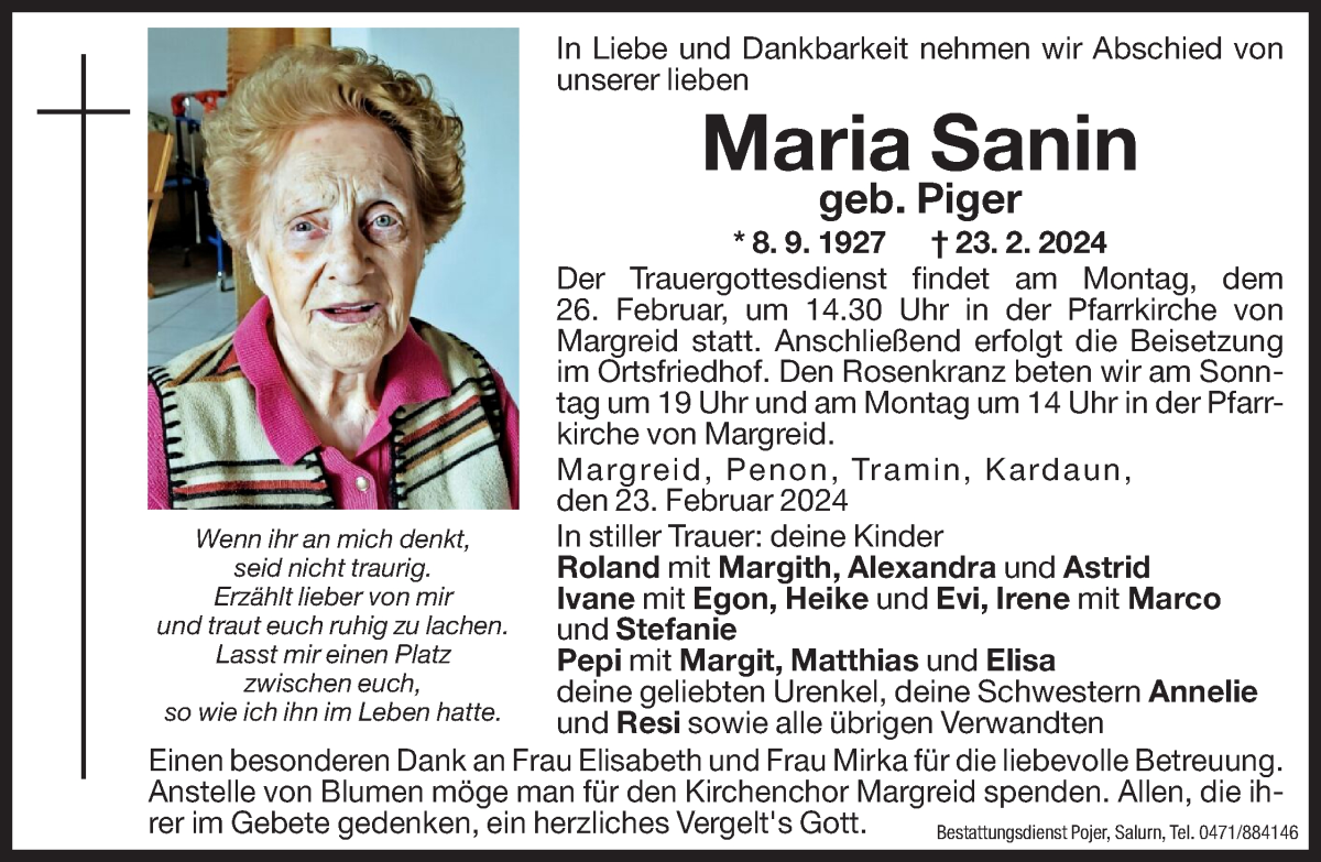  Traueranzeige für Maria Sanin vom 24.02.2024 aus Dolomiten