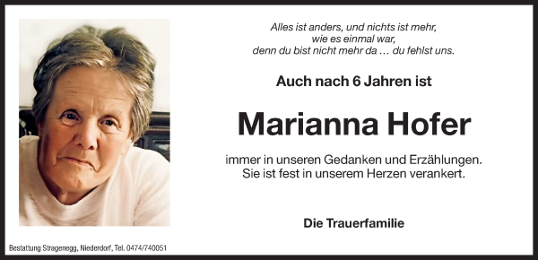 Traueranzeige von Marianna Hofer von Dolomiten