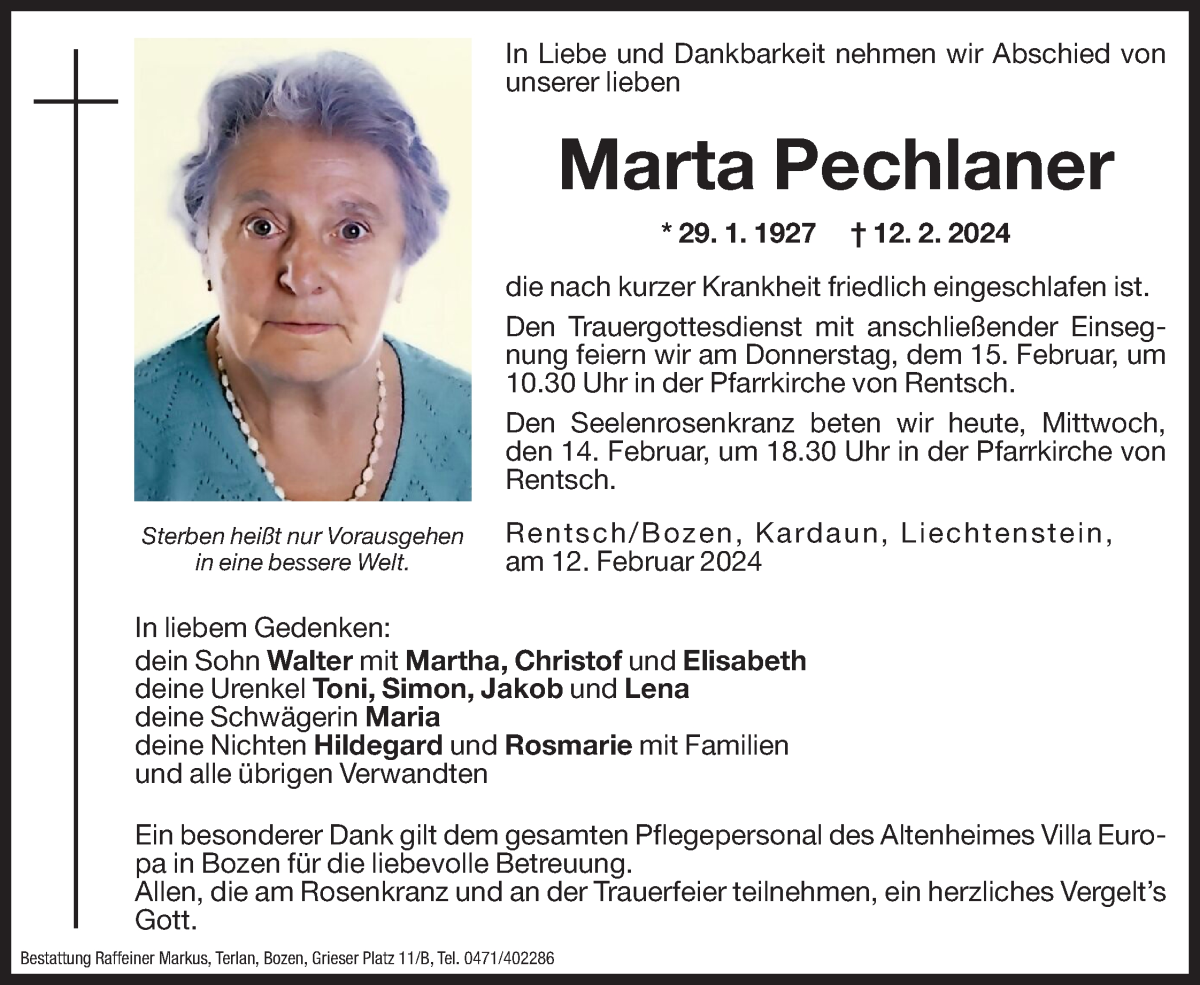  Traueranzeige für Marta Pechlaner vom 14.02.2024 aus Dolomiten