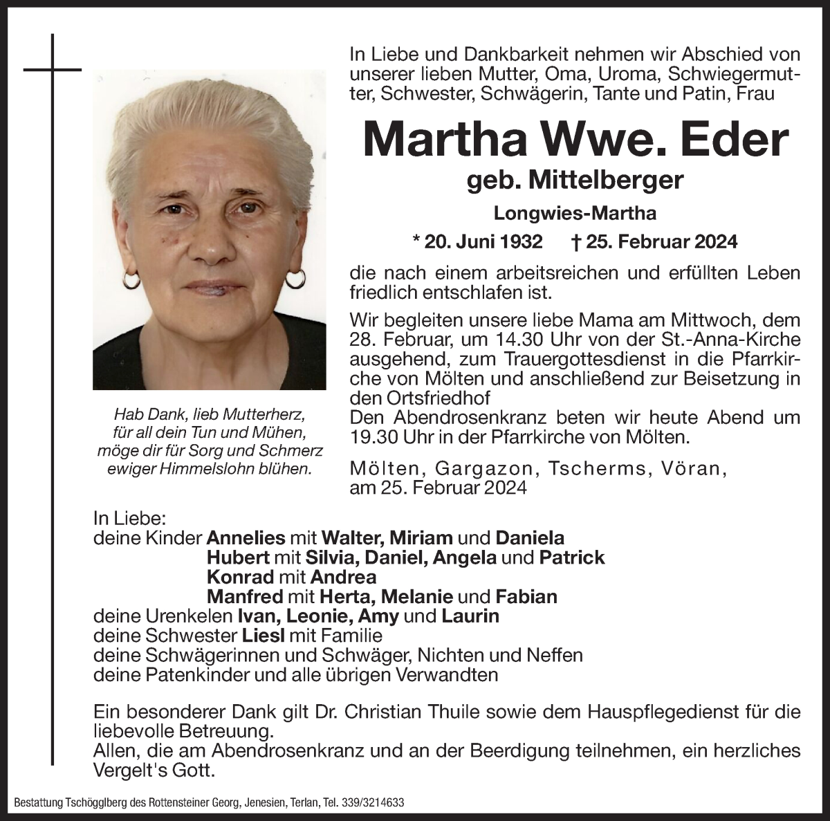 Traueranzeige für Martha Eder vom 27.02.2024 aus Dolomiten