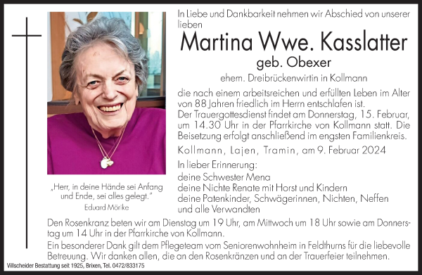 Traueranzeige von Martina Kasslatter von Dolomiten