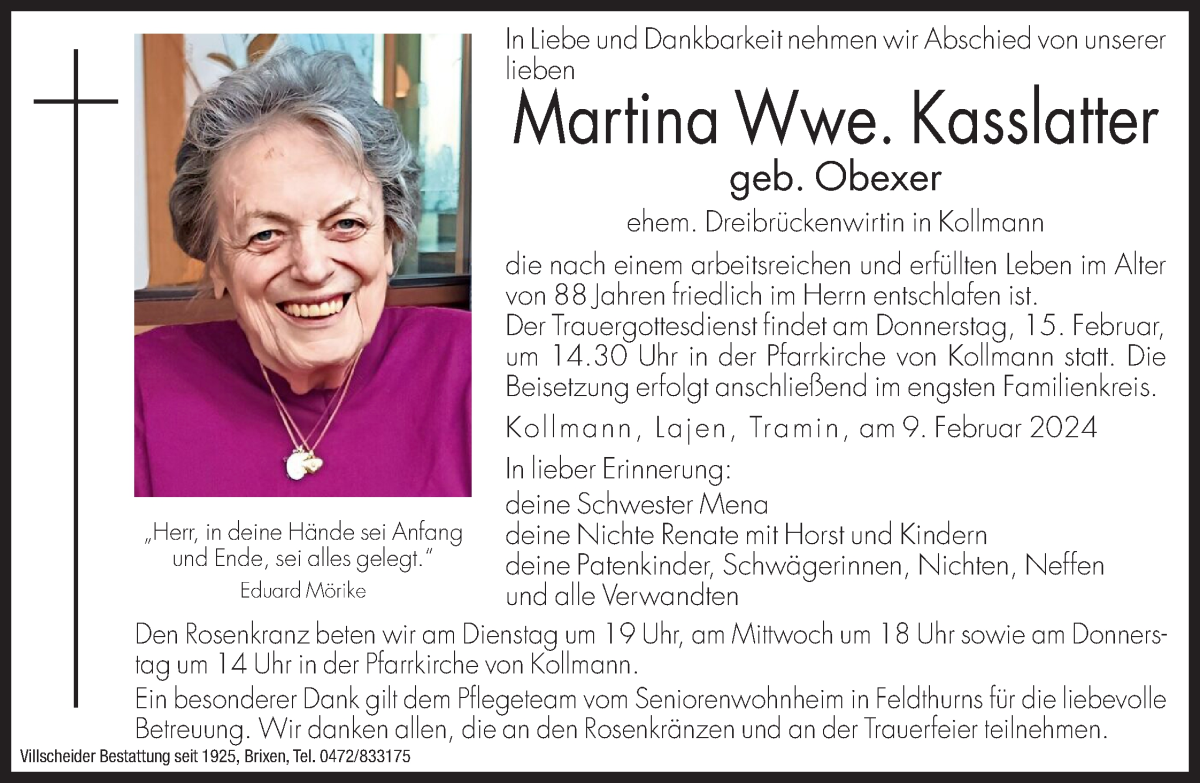  Traueranzeige für Martina Kasslatter vom 13.02.2024 aus Dolomiten
