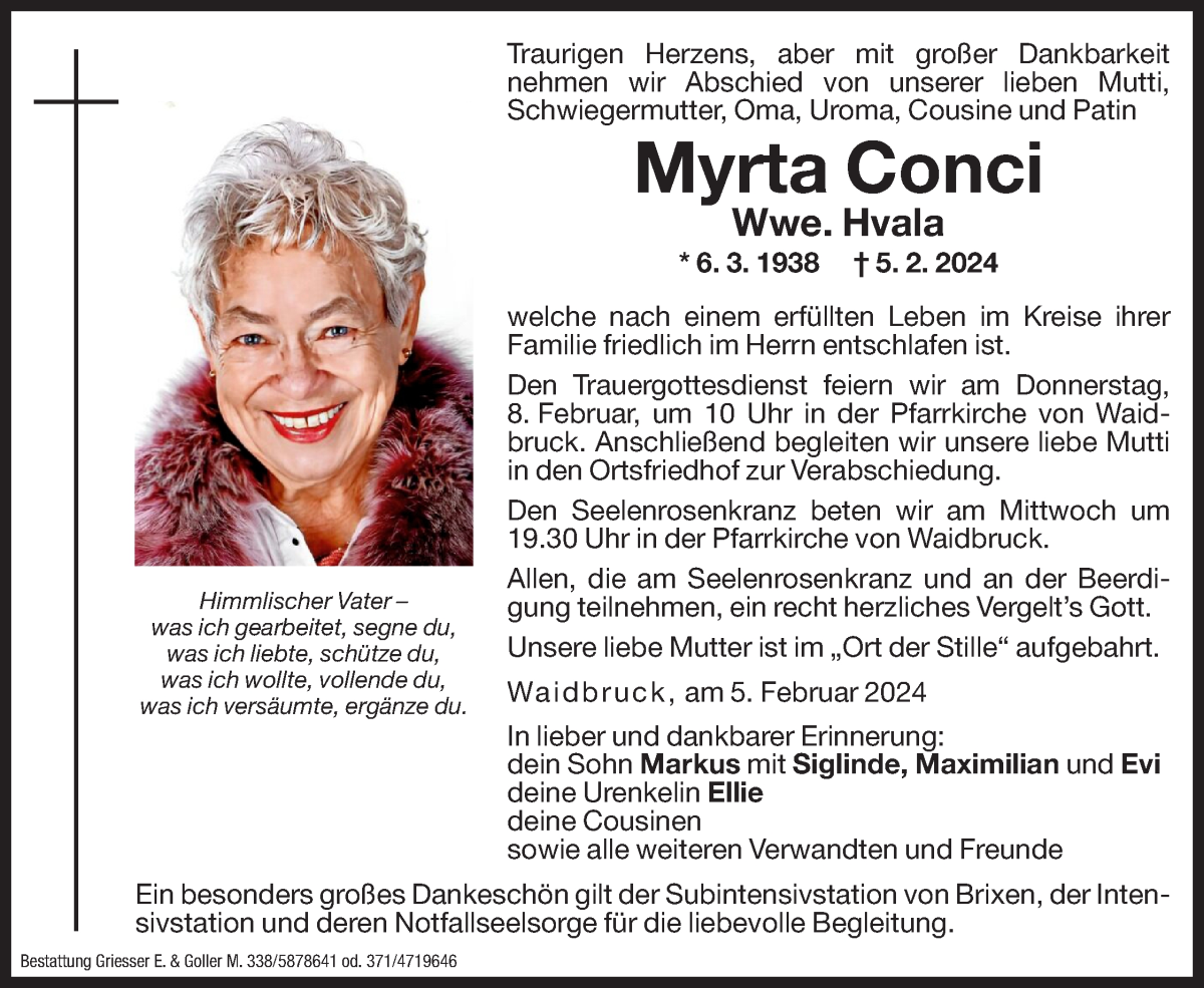  Traueranzeige für Myrta Hvala vom 07.02.2024 aus Dolomiten
